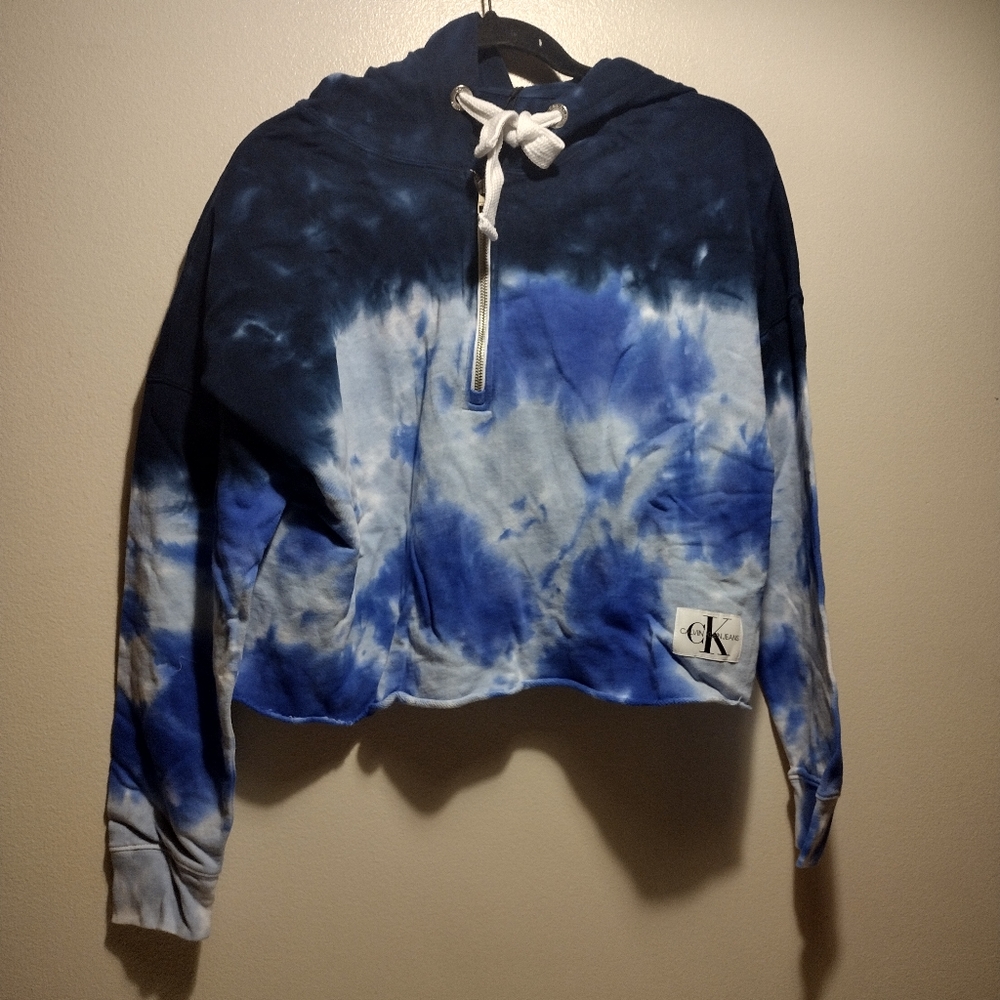 Calvin Klein Jeans Blue Tye Dye Long Sleeve Pullover Cropped Hoodie - Picture 5 of 13
